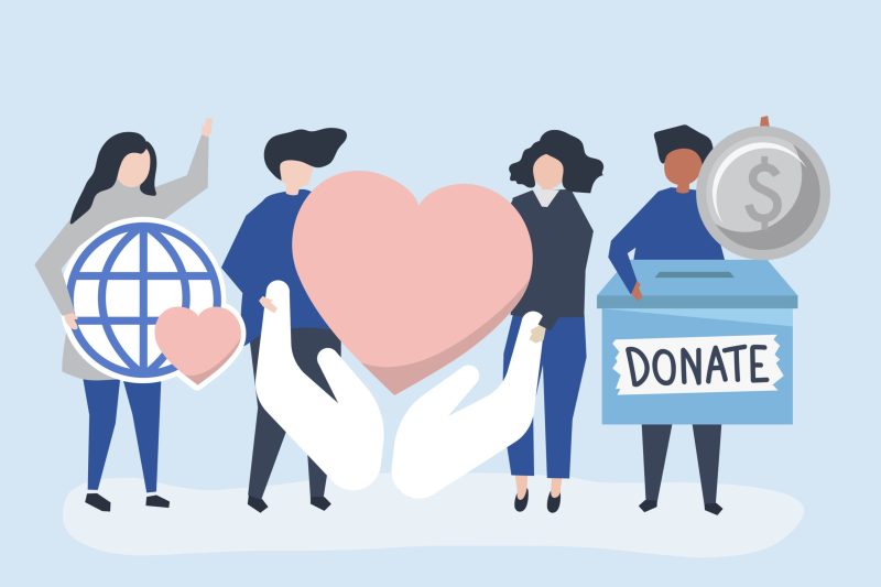 People carrying donation and charity related icons